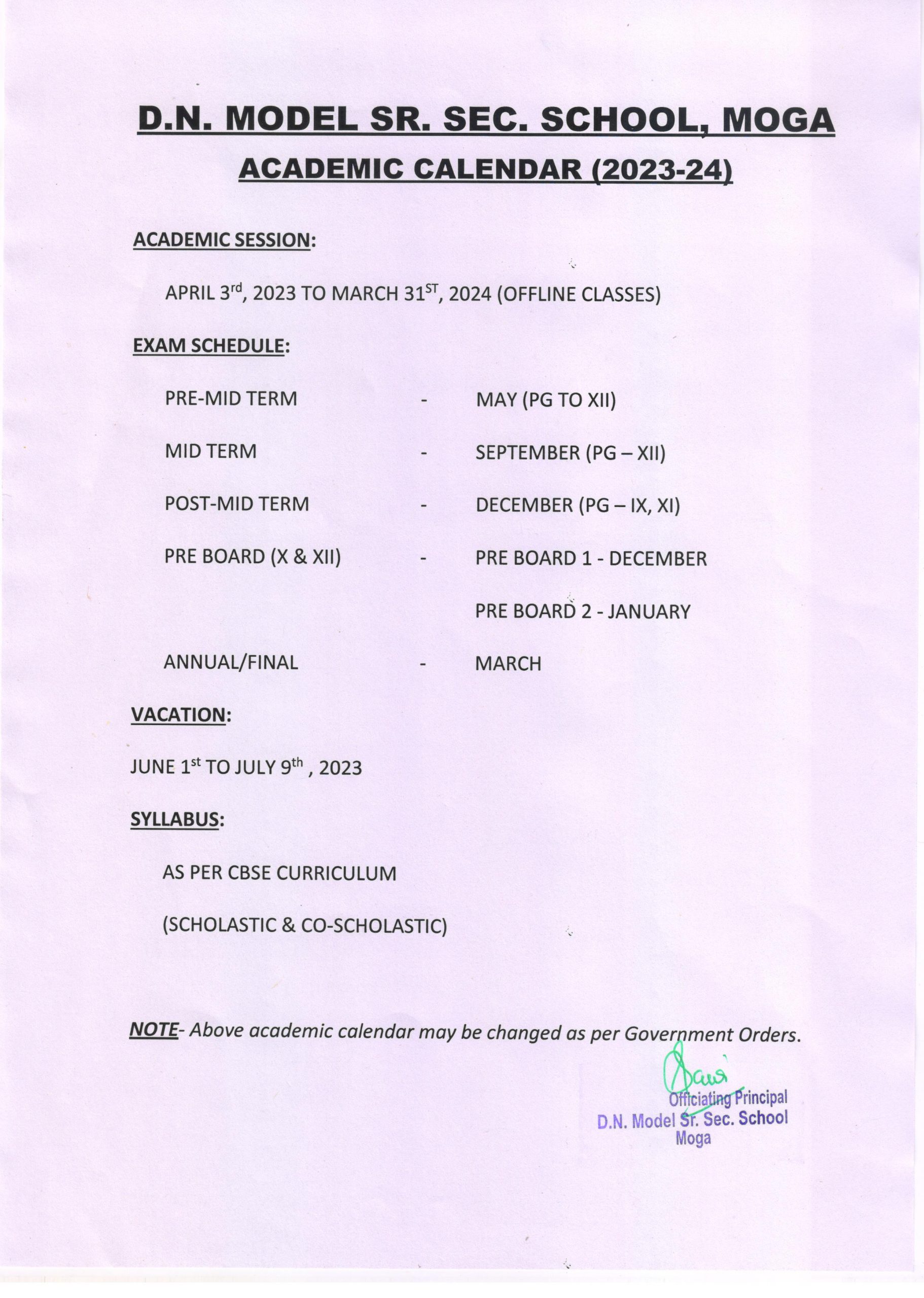Academic School Calendar 2023-24